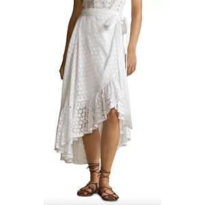 NWT Polo Ralph Lauren Women's Off White Eyelet Midi Wrap Skirt $398 - Size 8